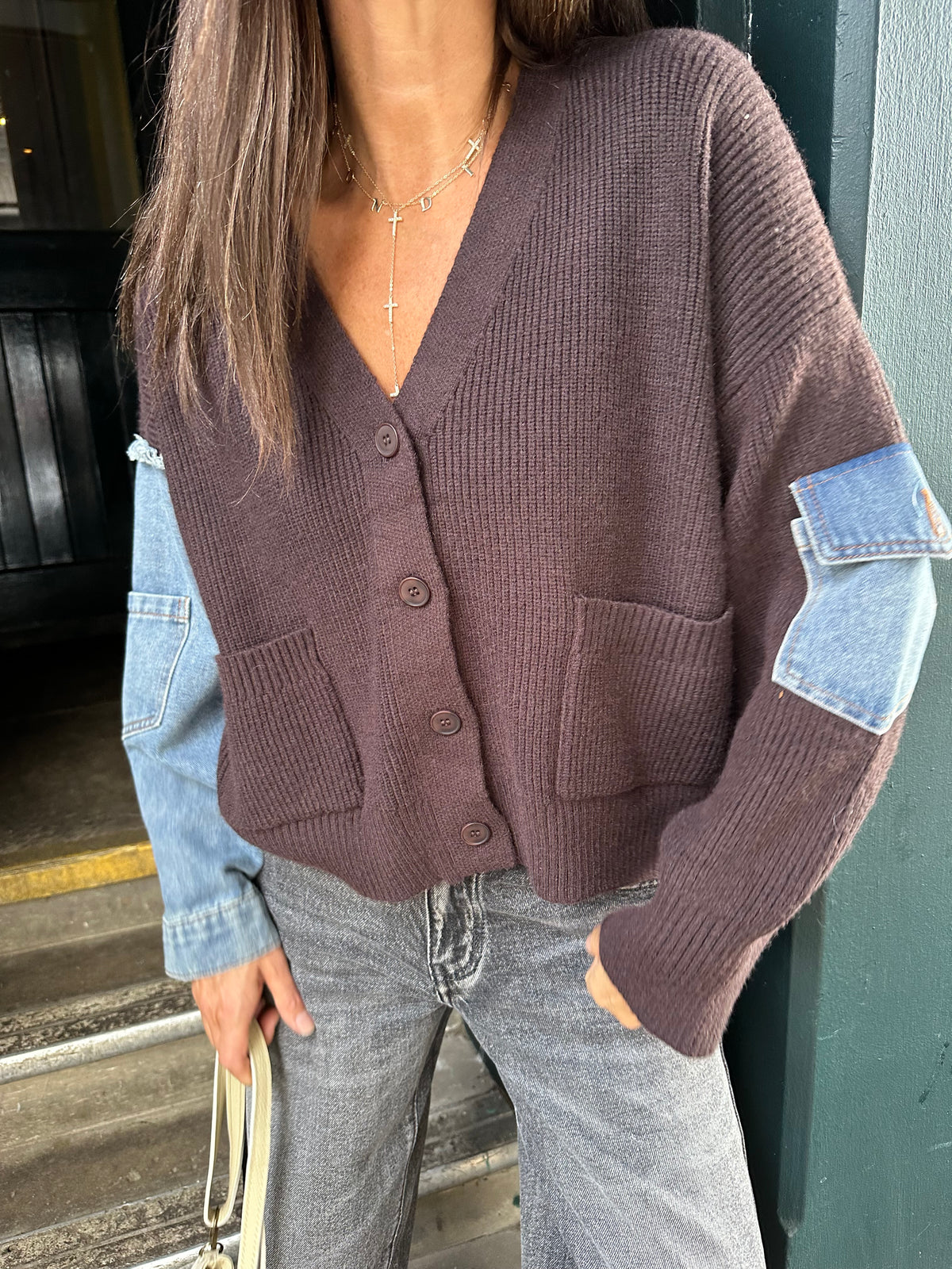 Bronte Cardi With Denim Sleeve - Choc