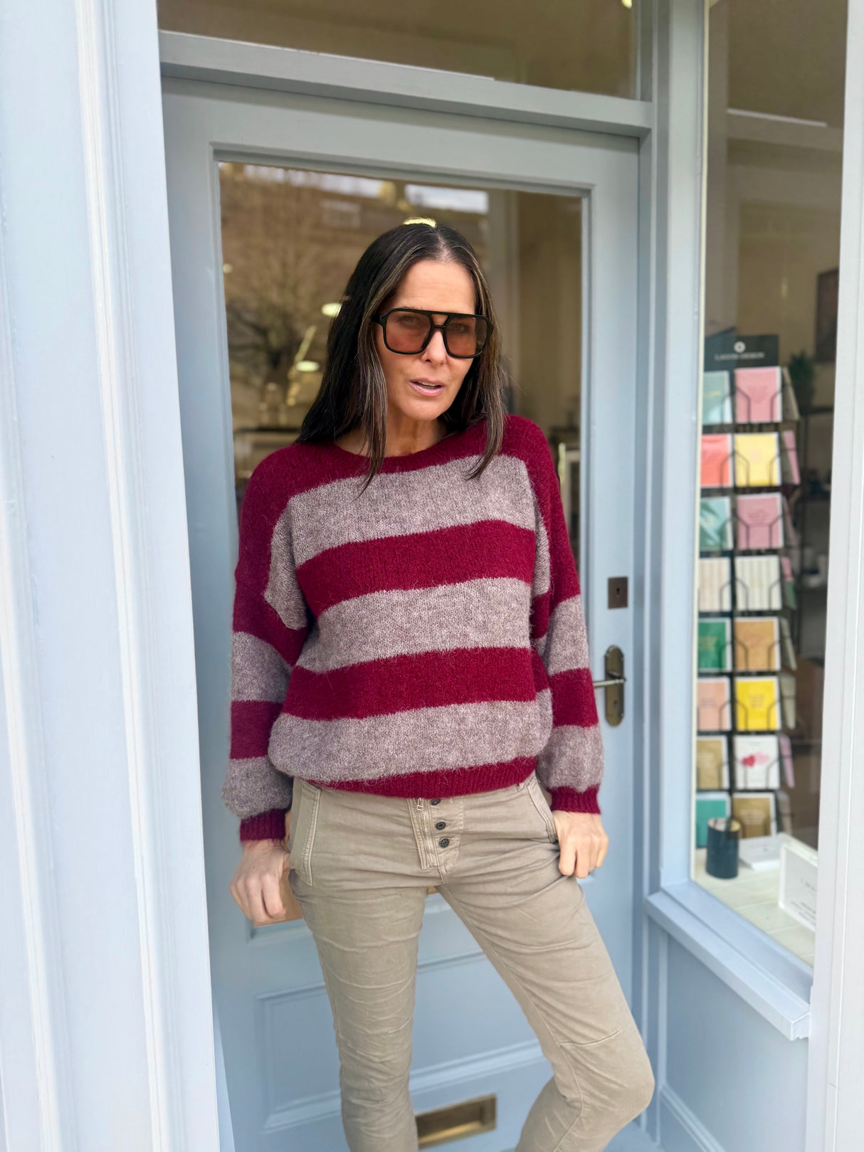 Evelyn Stripe Crew - Burgundy/Taupe