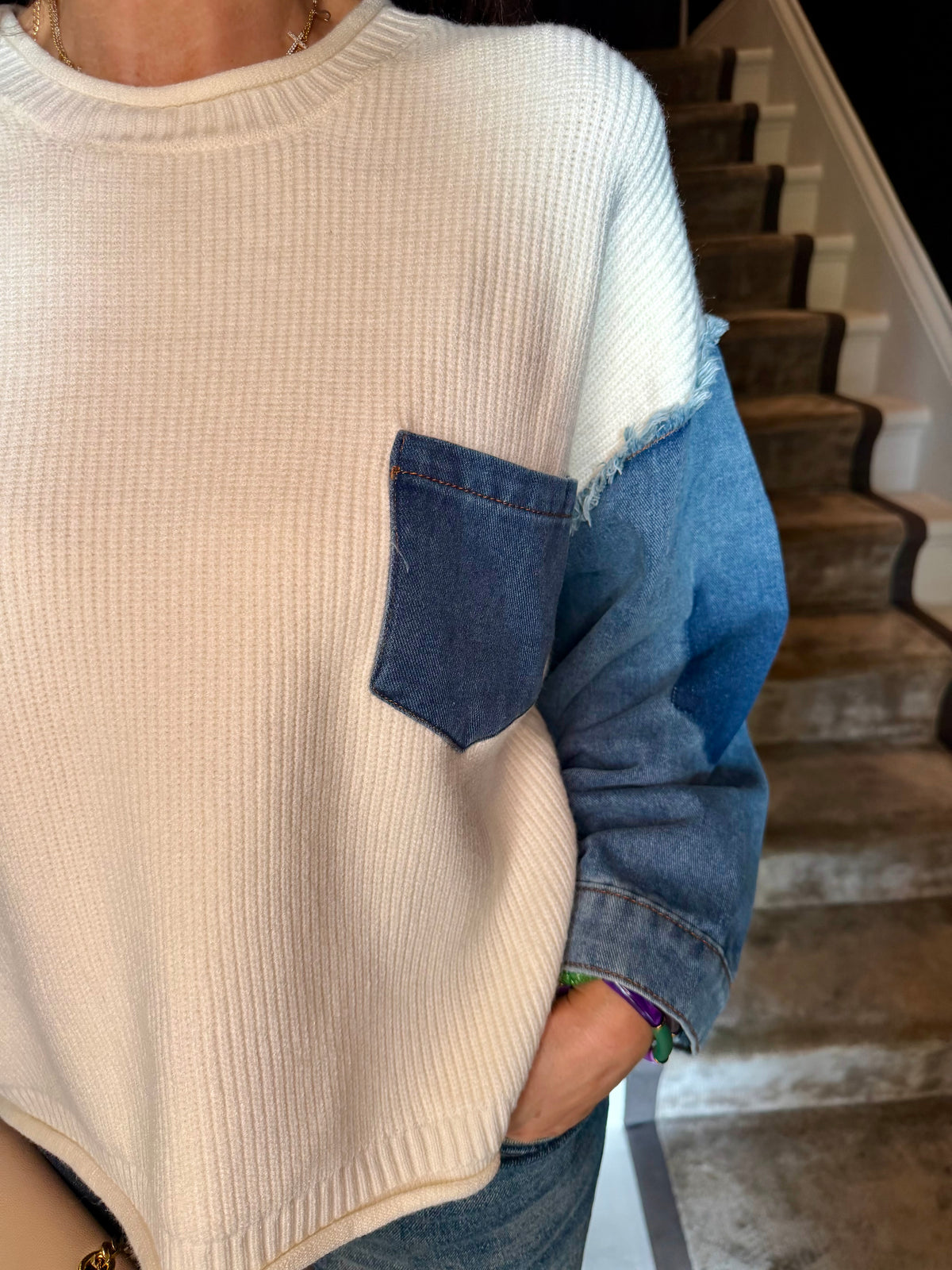 Bronte Knit With Denim Sleeve - Cream