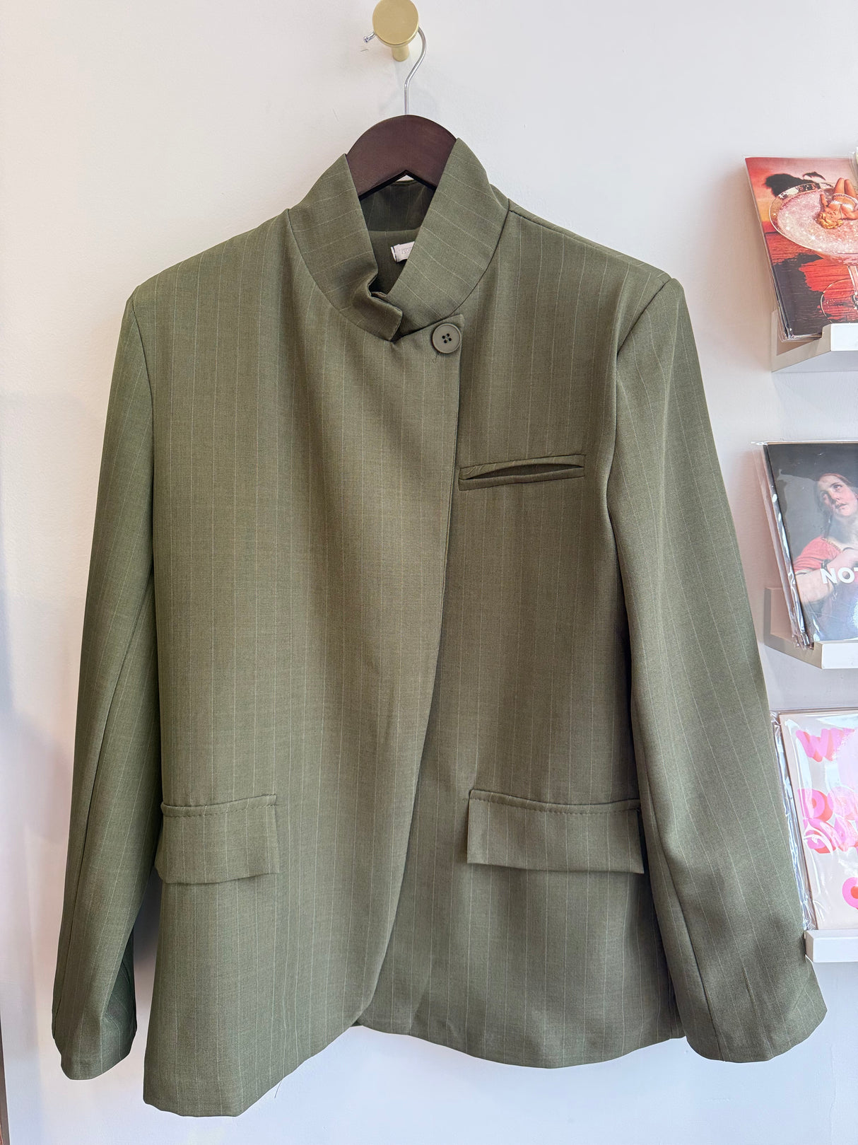 Pinstripe Funnel Neck Blazer - Green