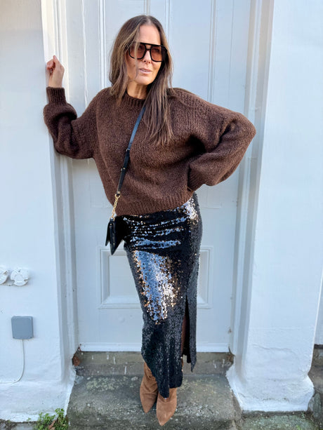 Mariah Sequin Midi Skirt - Black