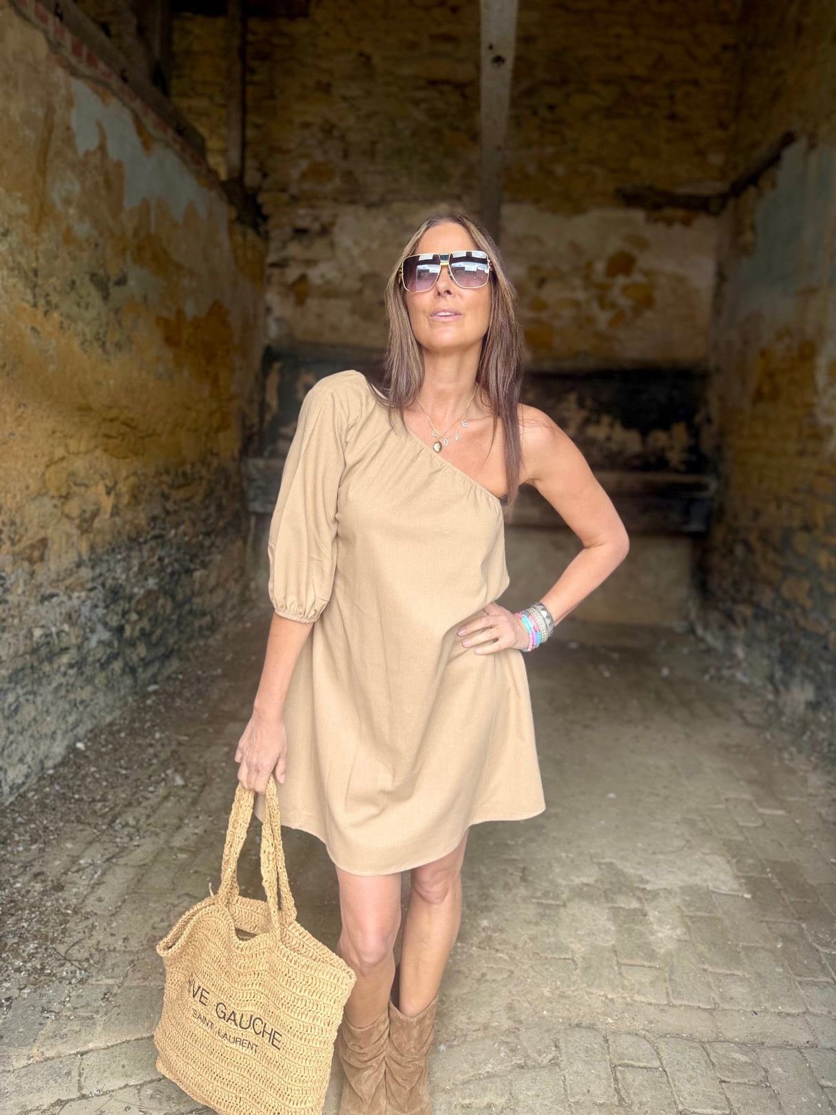 Den One Shoulder Smock Dress - Camel