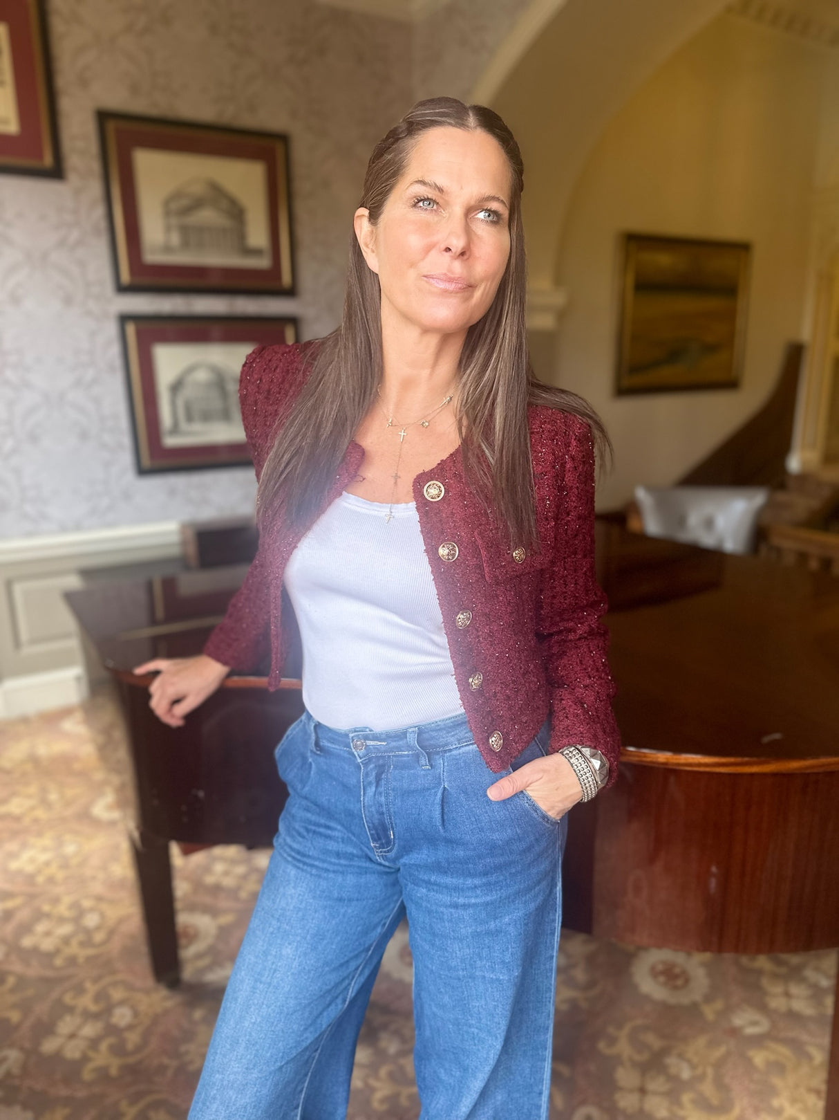 Cecile Cropped Tweed Jacket - Claret