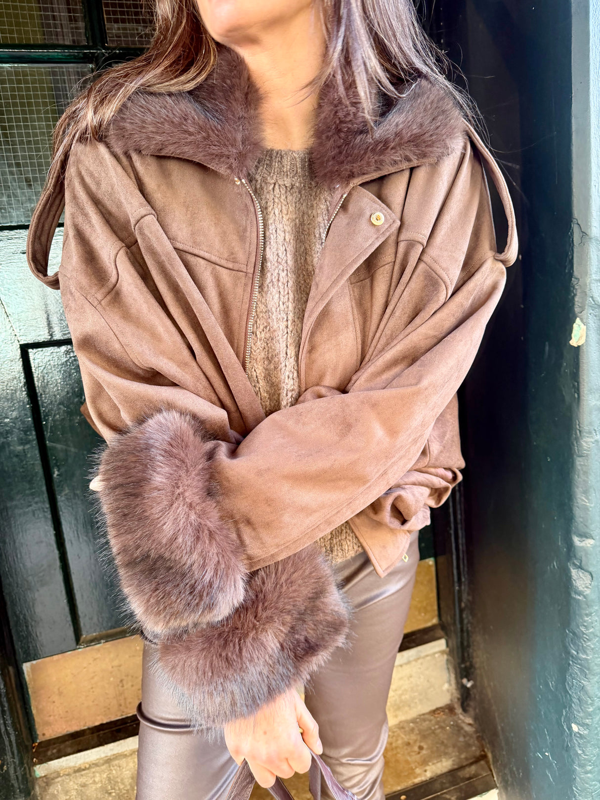 Shauna Faux Suede Bomber - Choc