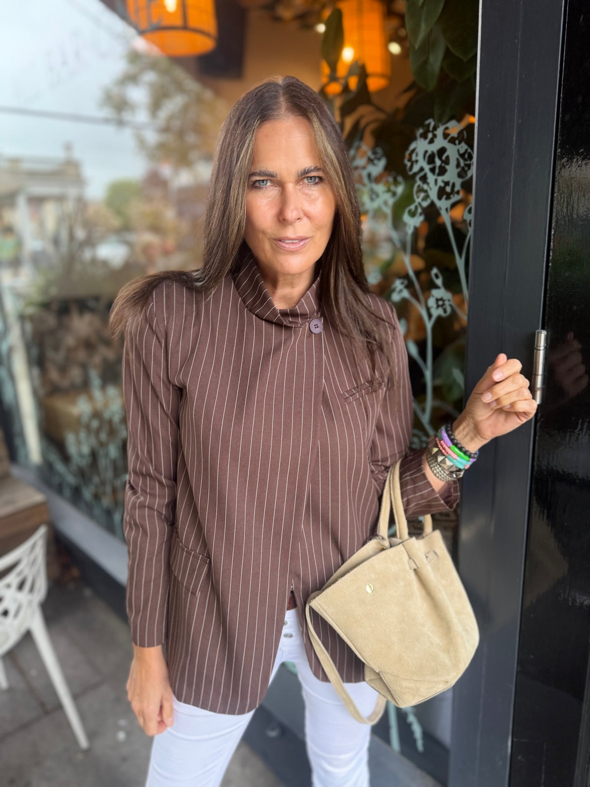 Pinstripe Funnel Neck Blazer - Chocolate