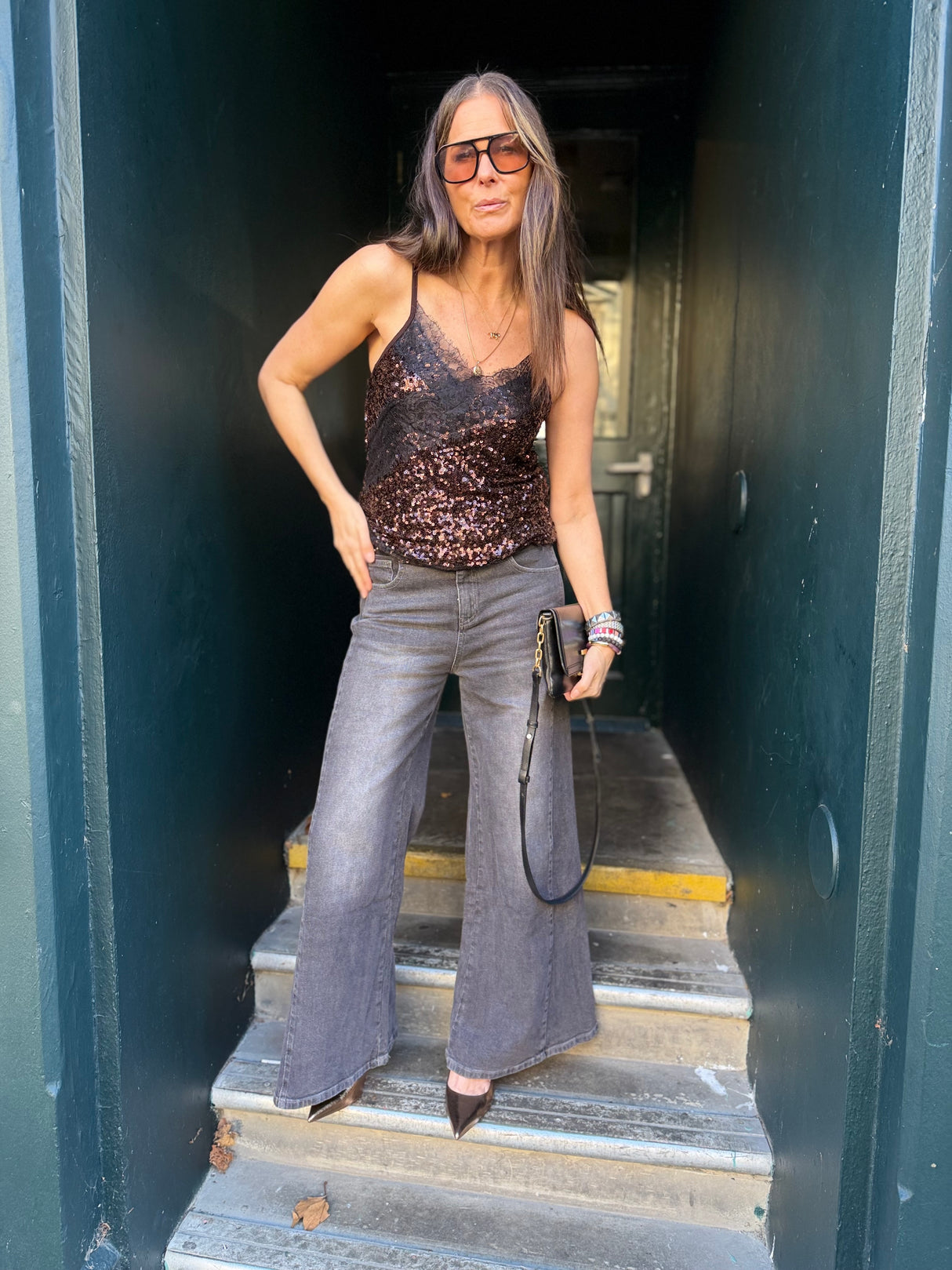 Harley Lace Sequin Cami - Chocolate