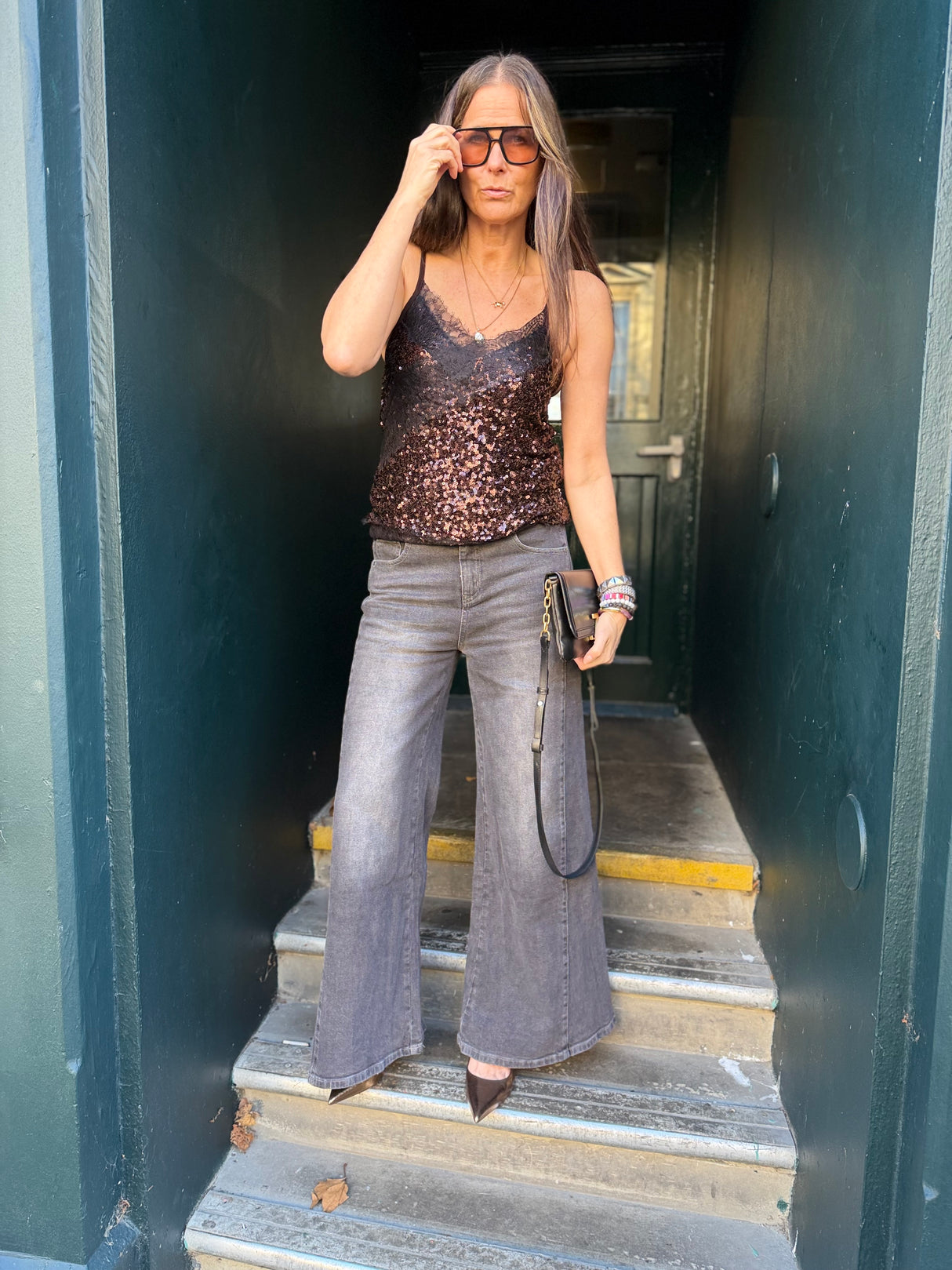 Harley Lace Sequin Cami - Chocolate