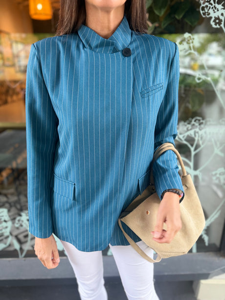 Pinstripe Funnel Neck Blazer - Teal