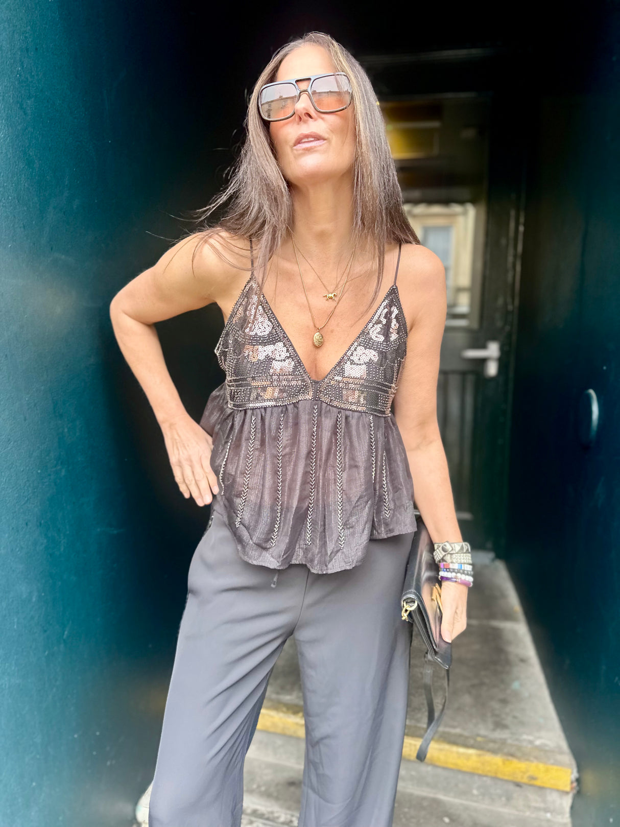 Liza Sequin Camisoles - Black