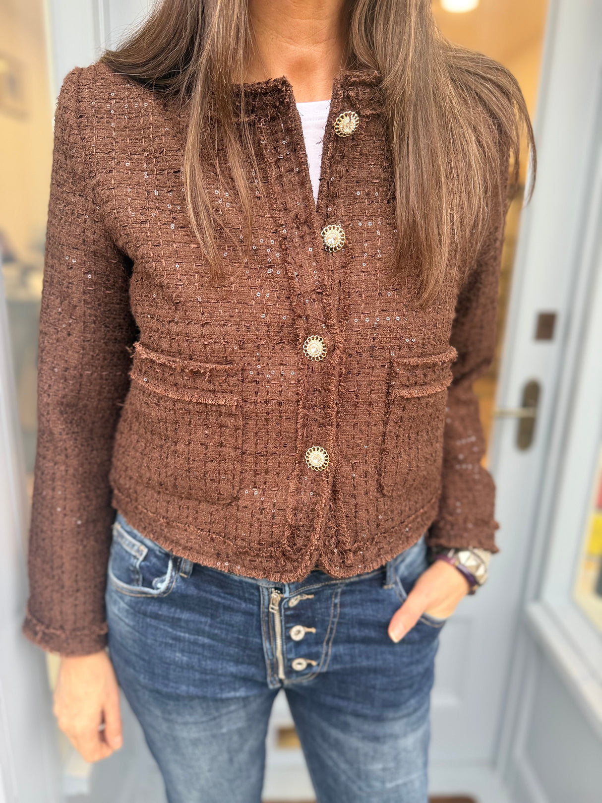 Cecile Cropped Tweed Jacket - Chocolate