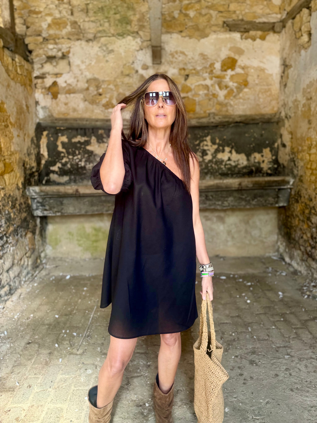 Den One Shoulder Smock Dress - Black