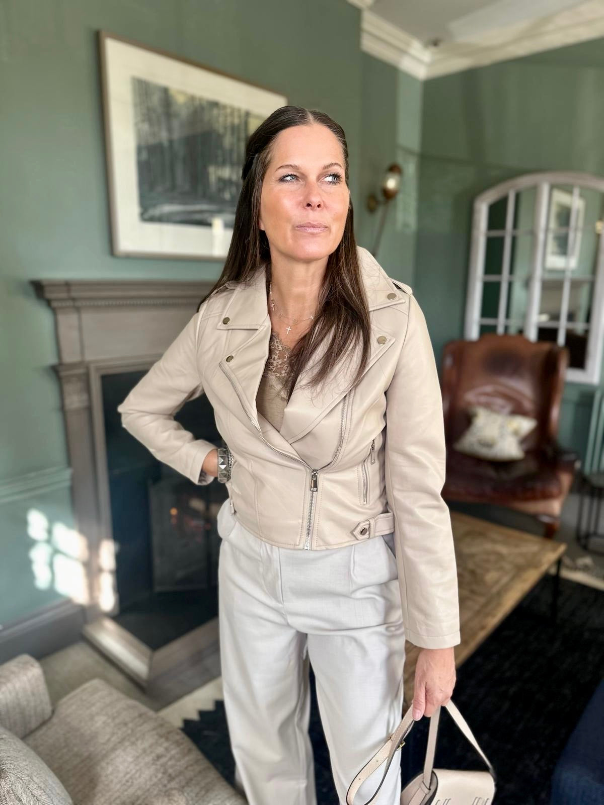 Biker Jacket With Collar - Stone