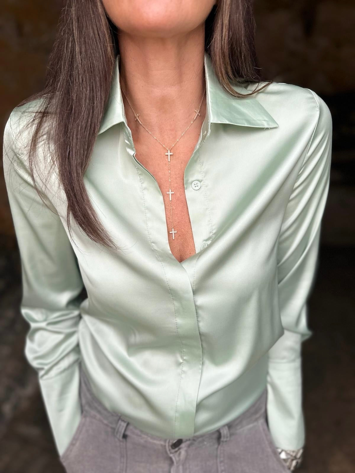 Camille Satin Shirt Sage