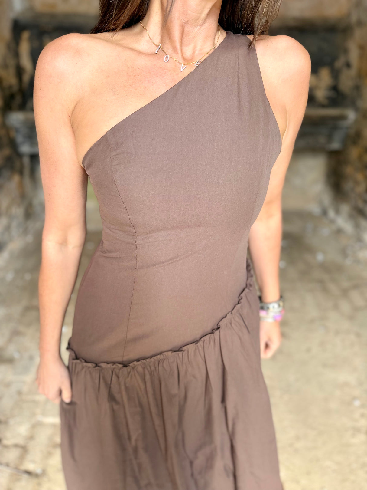 Louise One Shoulder Dress - Chocolate