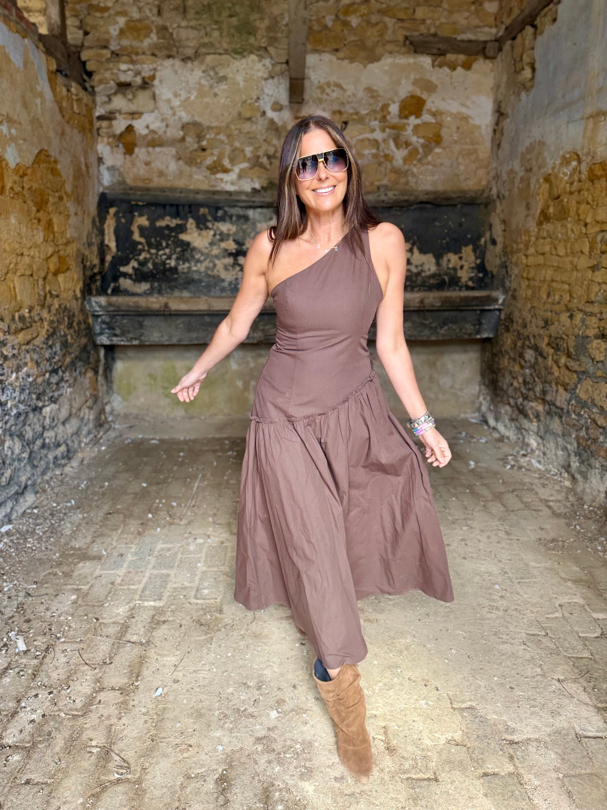 Louise One Shoulder Dress - Chocolate