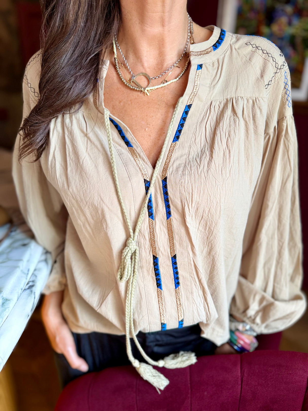 Citrine Blouse With Tassel - Beige