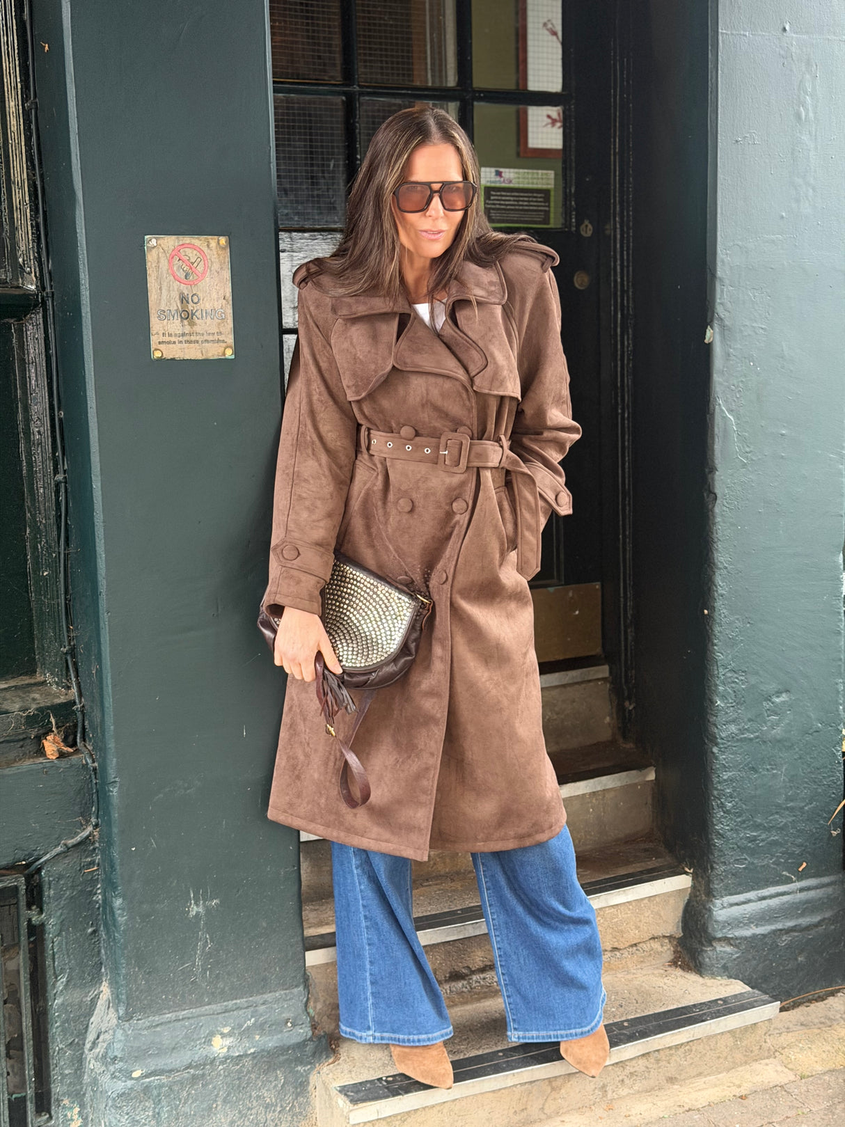 Tabitha Faux Suede Trench - Chocolate