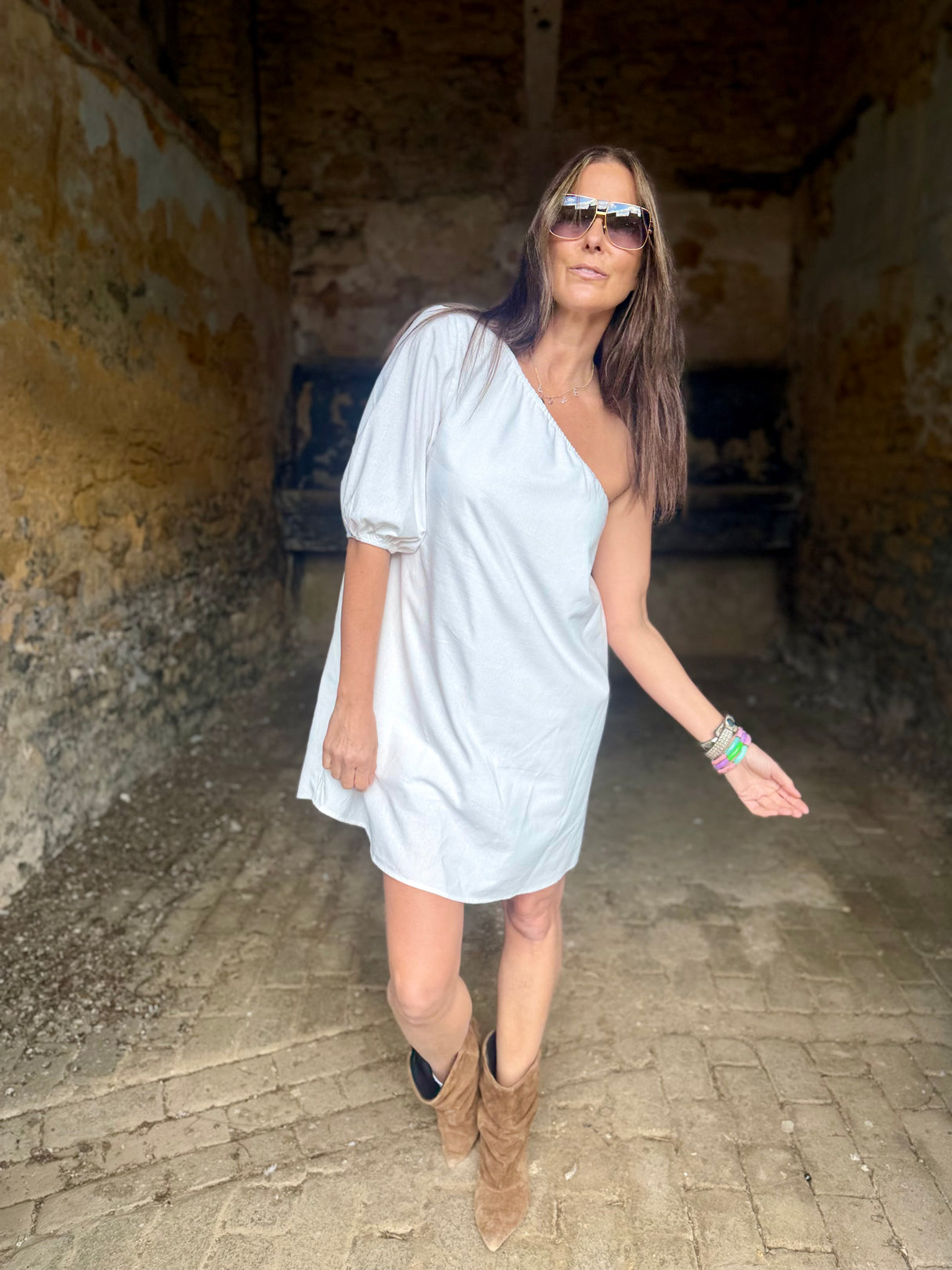 Den One Shoulder Smock Dress - White
