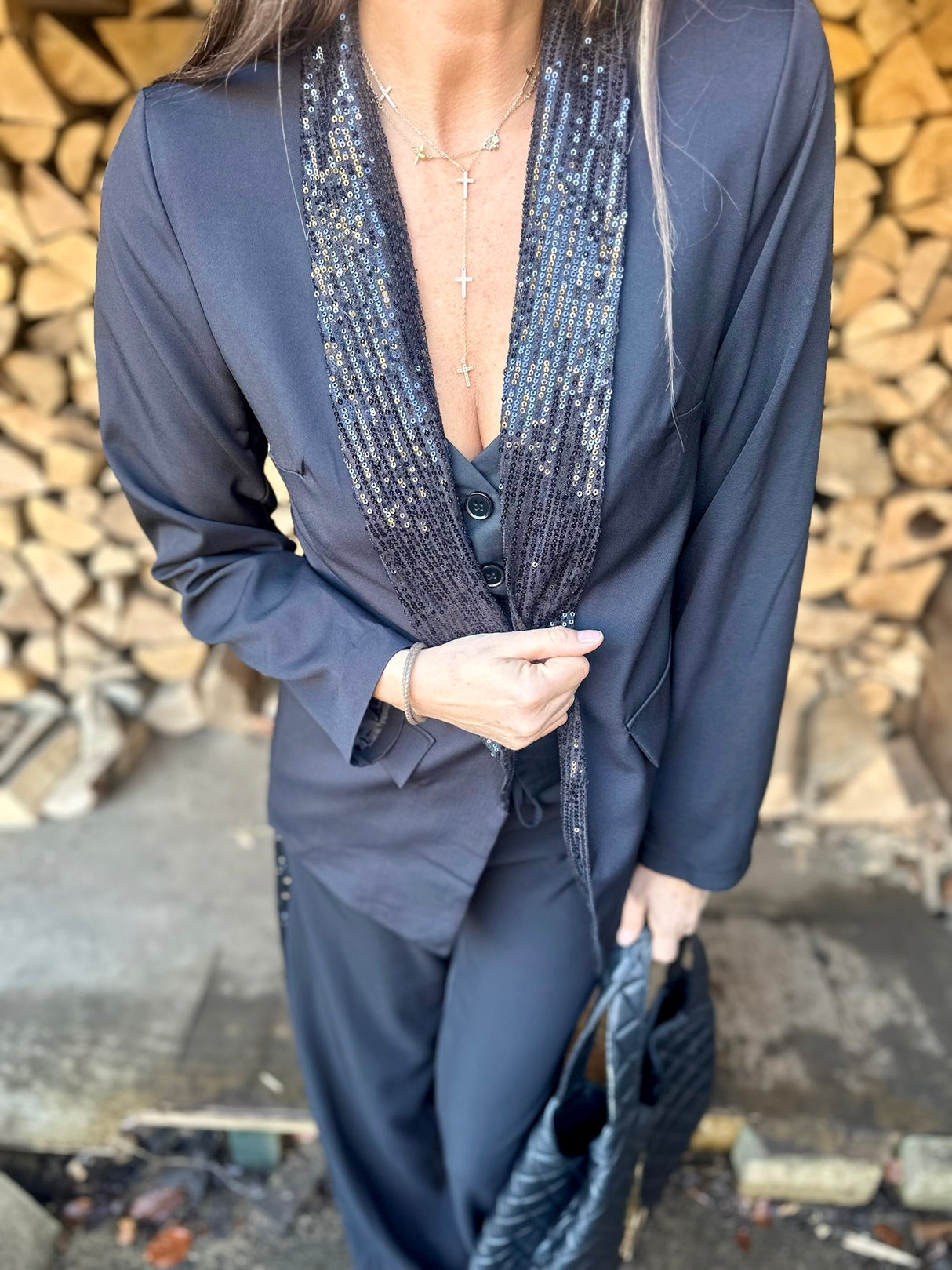 Chloe Sequin Lapel Blazer Black Black