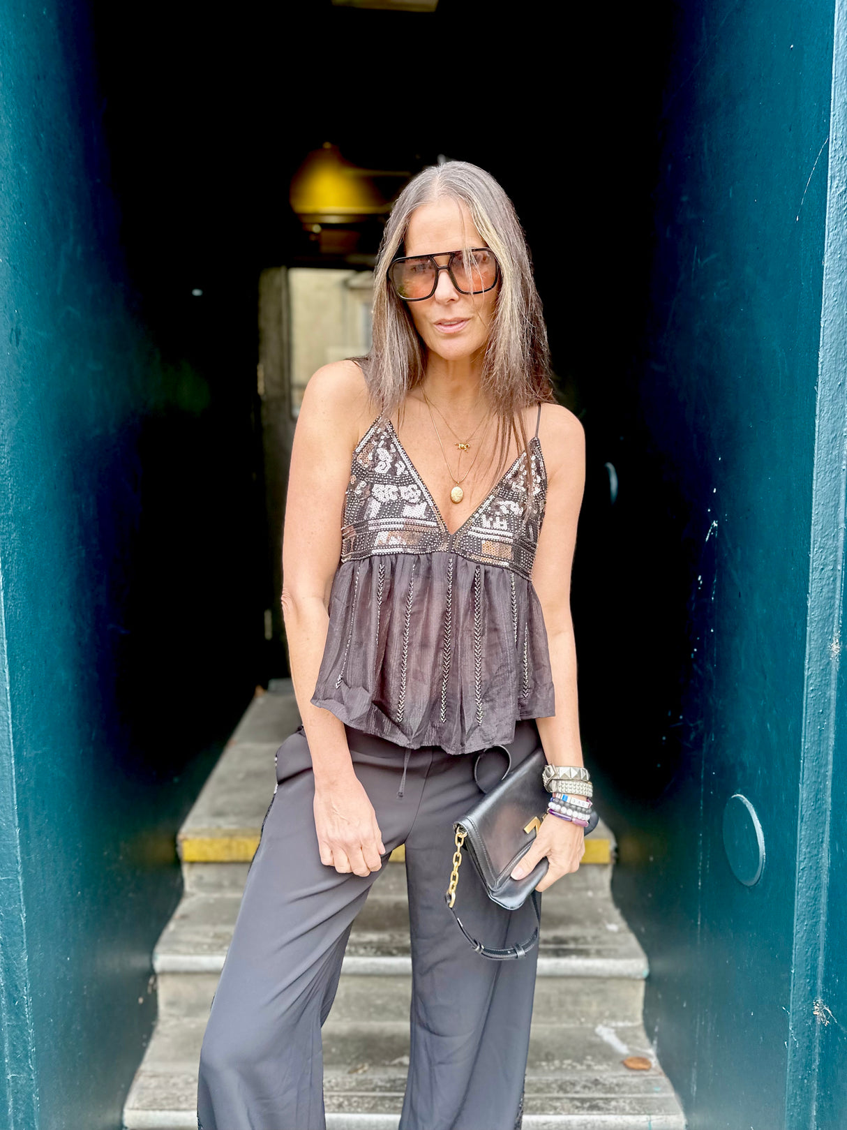 Liza Sequin Camisoles - Black