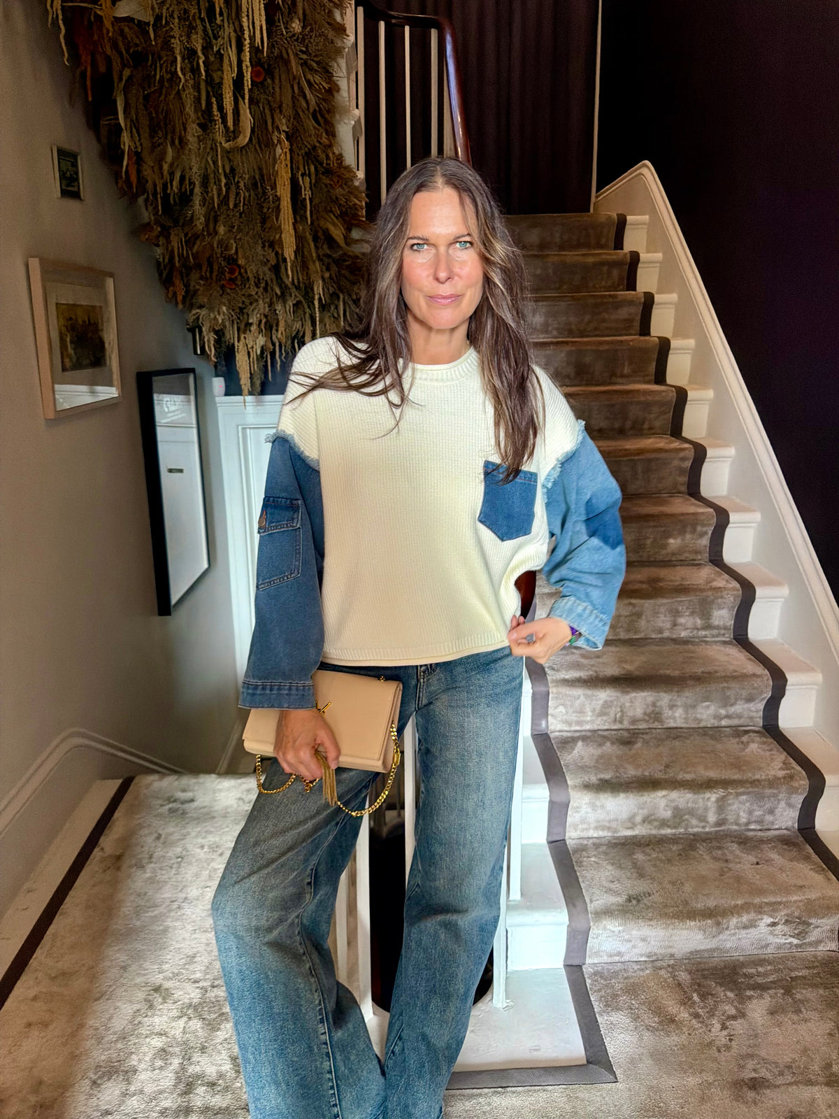 Bronte Knit With Denim Sleeve - Cream