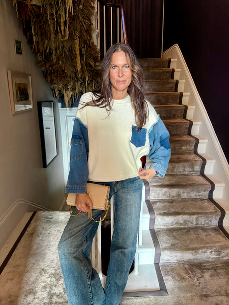 Bronte Knit With Denim Sleeve - Cream