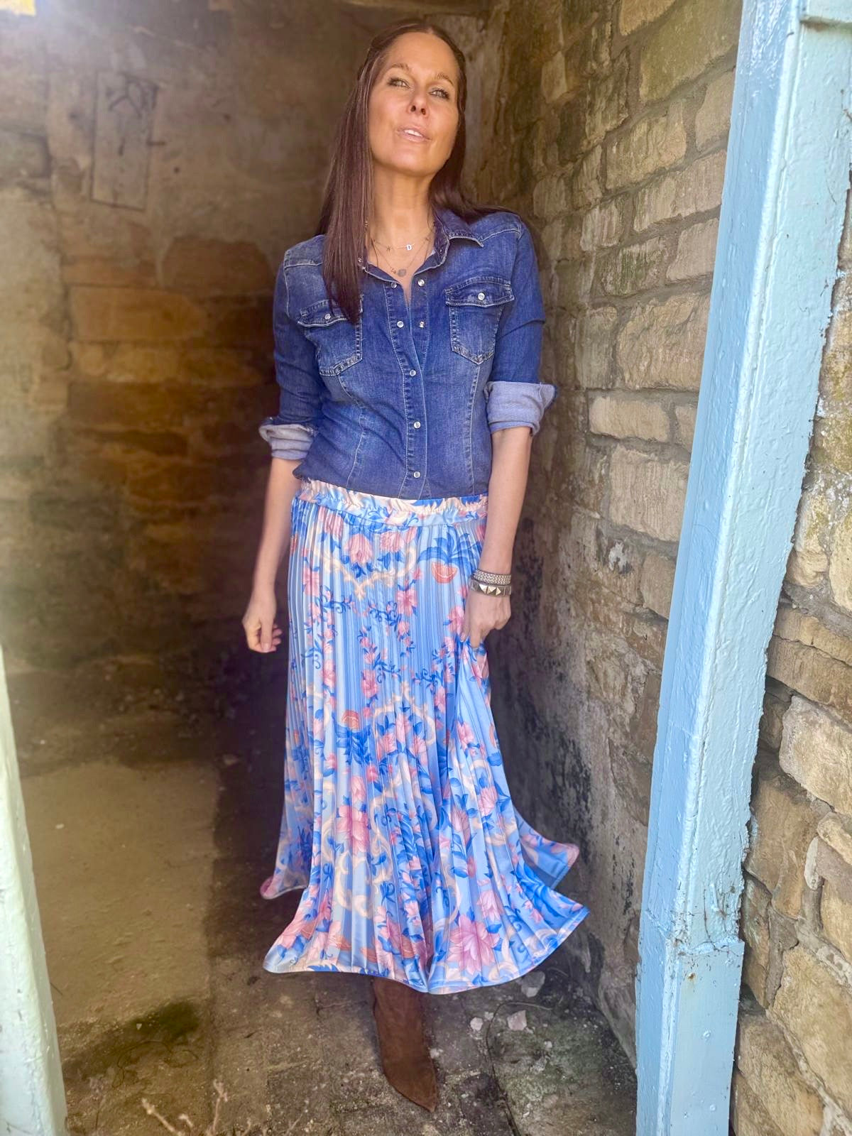 Falda floral vintage Toni - Hortensia azul