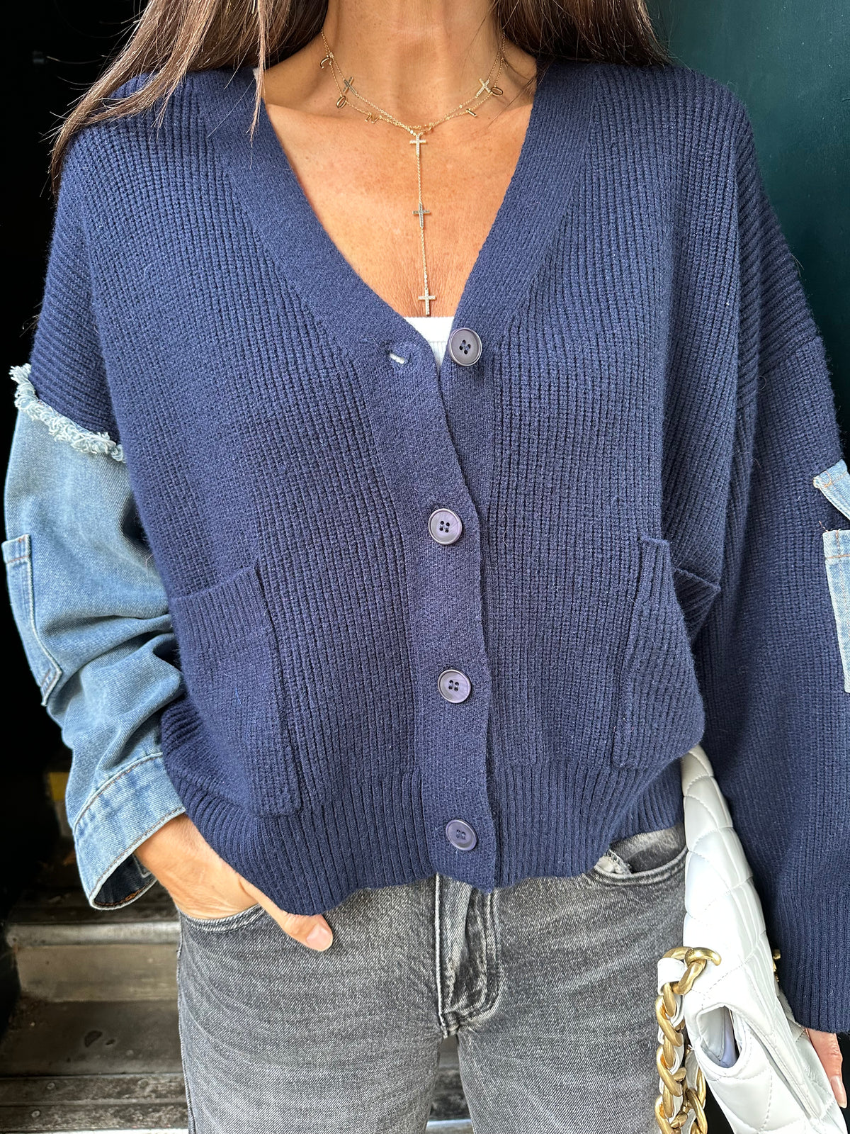Bronte Cardi With Denim Sleeve - Navy