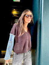 Bronte Cardi With Denim Sleeve - Choc
