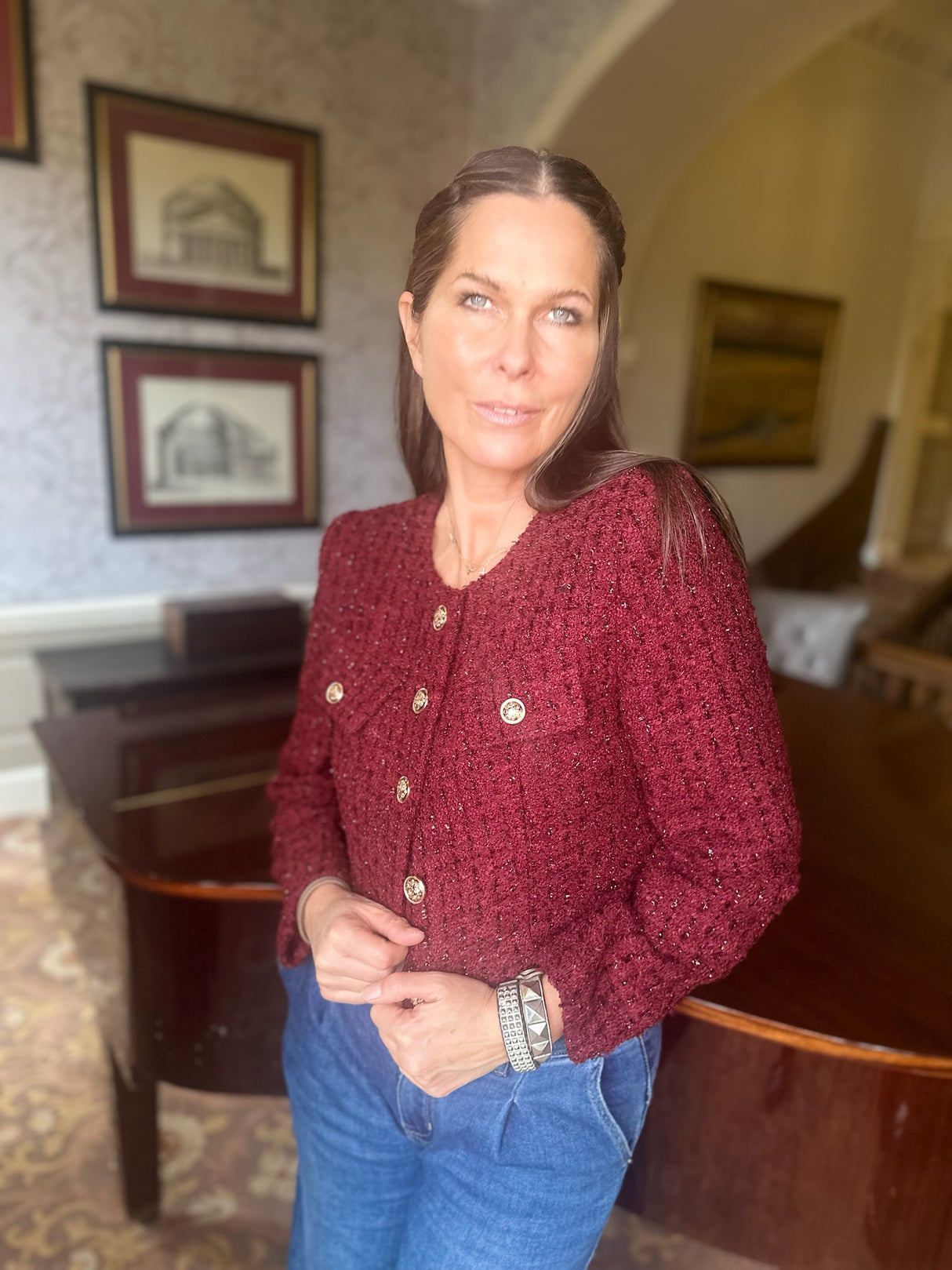 Cecile Cropped Tweed Jacket - Claret