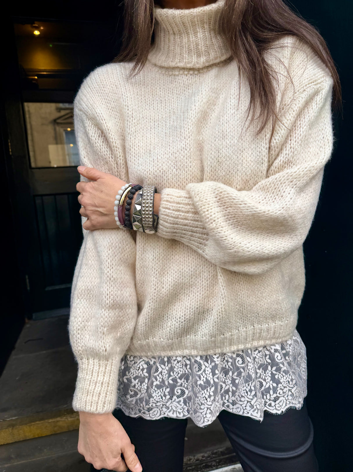 Arabella Lace Roll Neck Jumper - Oat