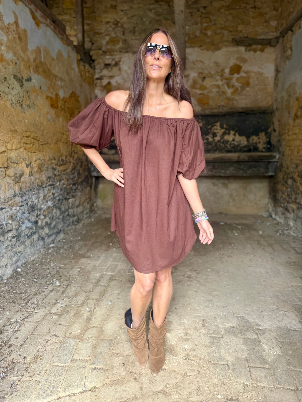 Off The Shoulder Dress- Chocolate