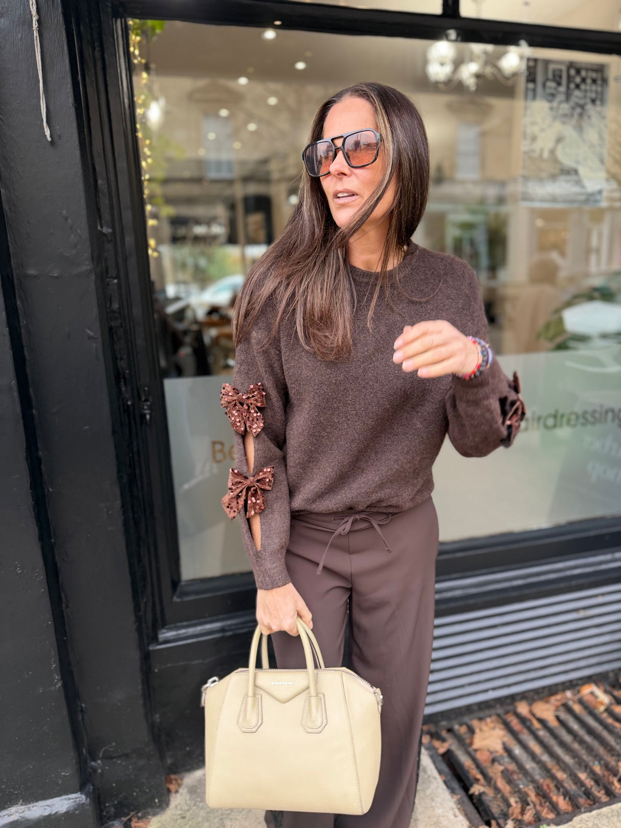 Riley Knit With Sequin Bow - Chocolate