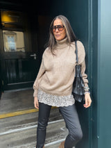 Arabella Lace Roll Neck Jumper - Biscuit