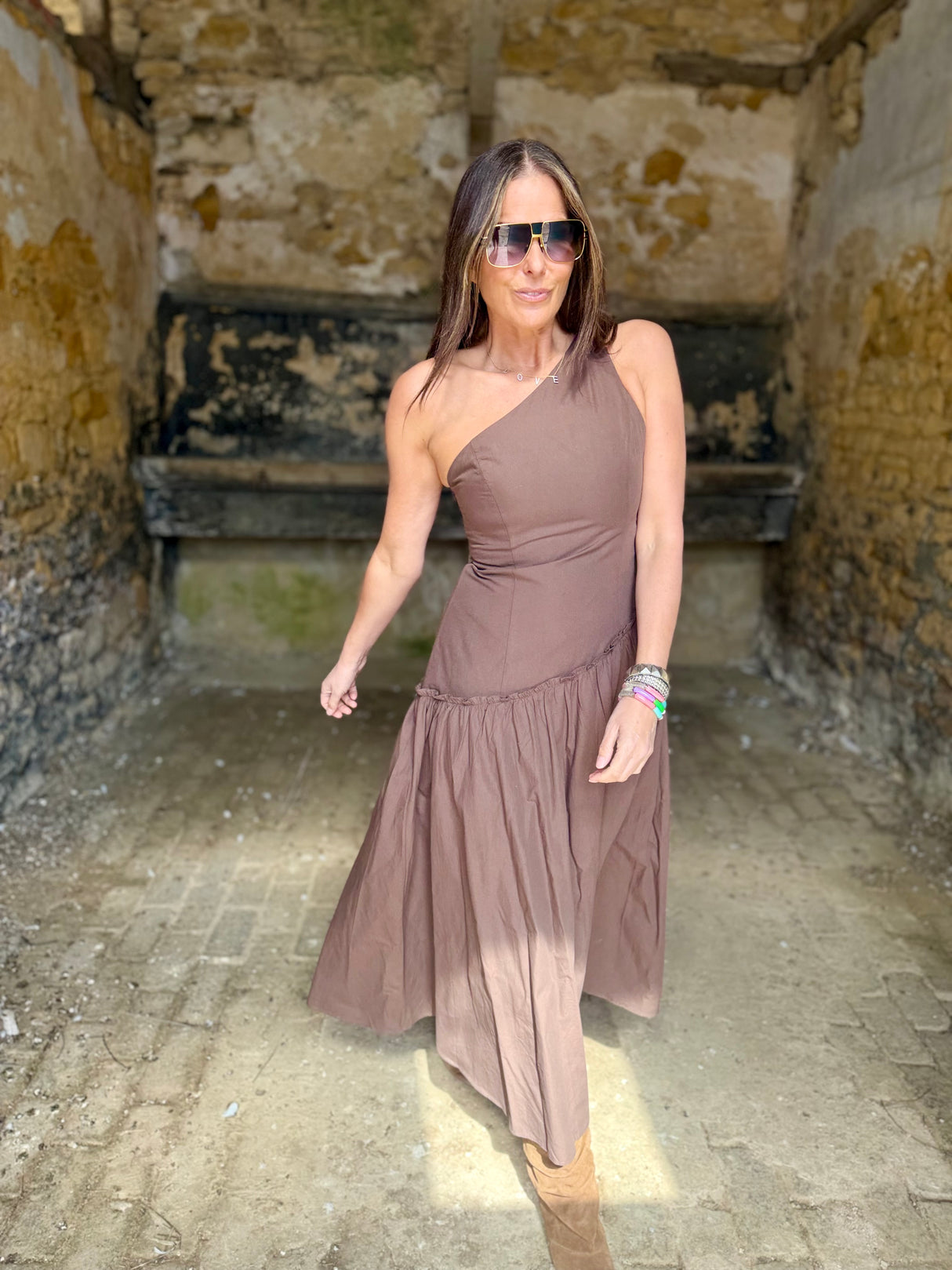 Louise One Shoulder Dress - Chocolate