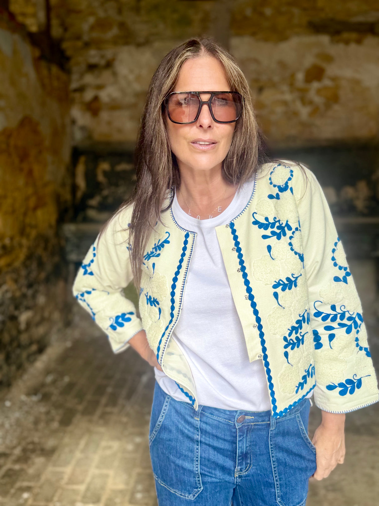 Imy Embroidered Cropped Jacket - Blue