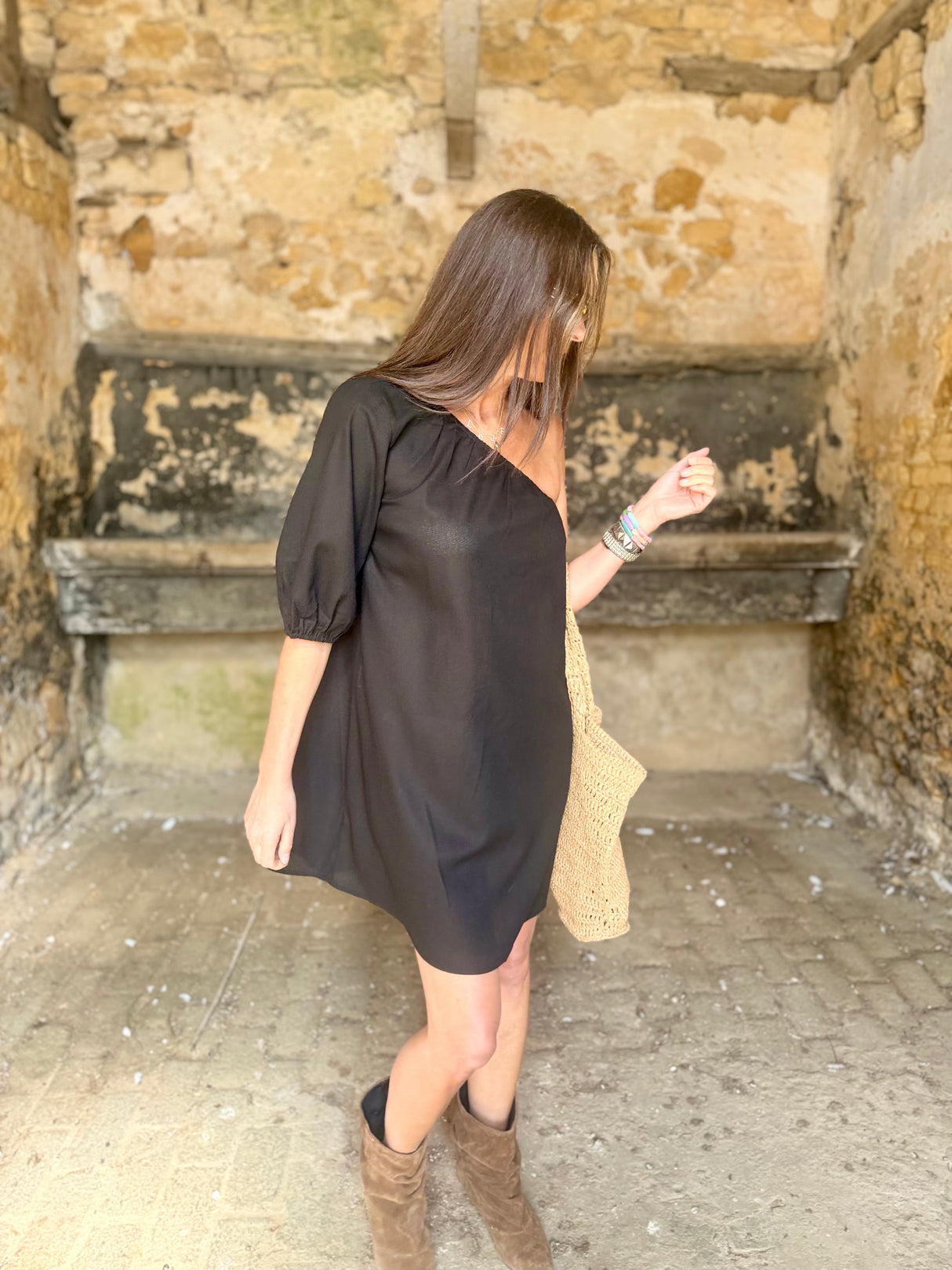 Den One Shoulder Smock Dress - Black