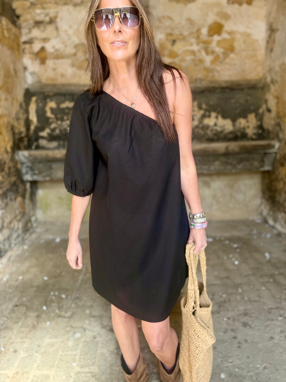 Den One Shoulder Smock Dress - Black