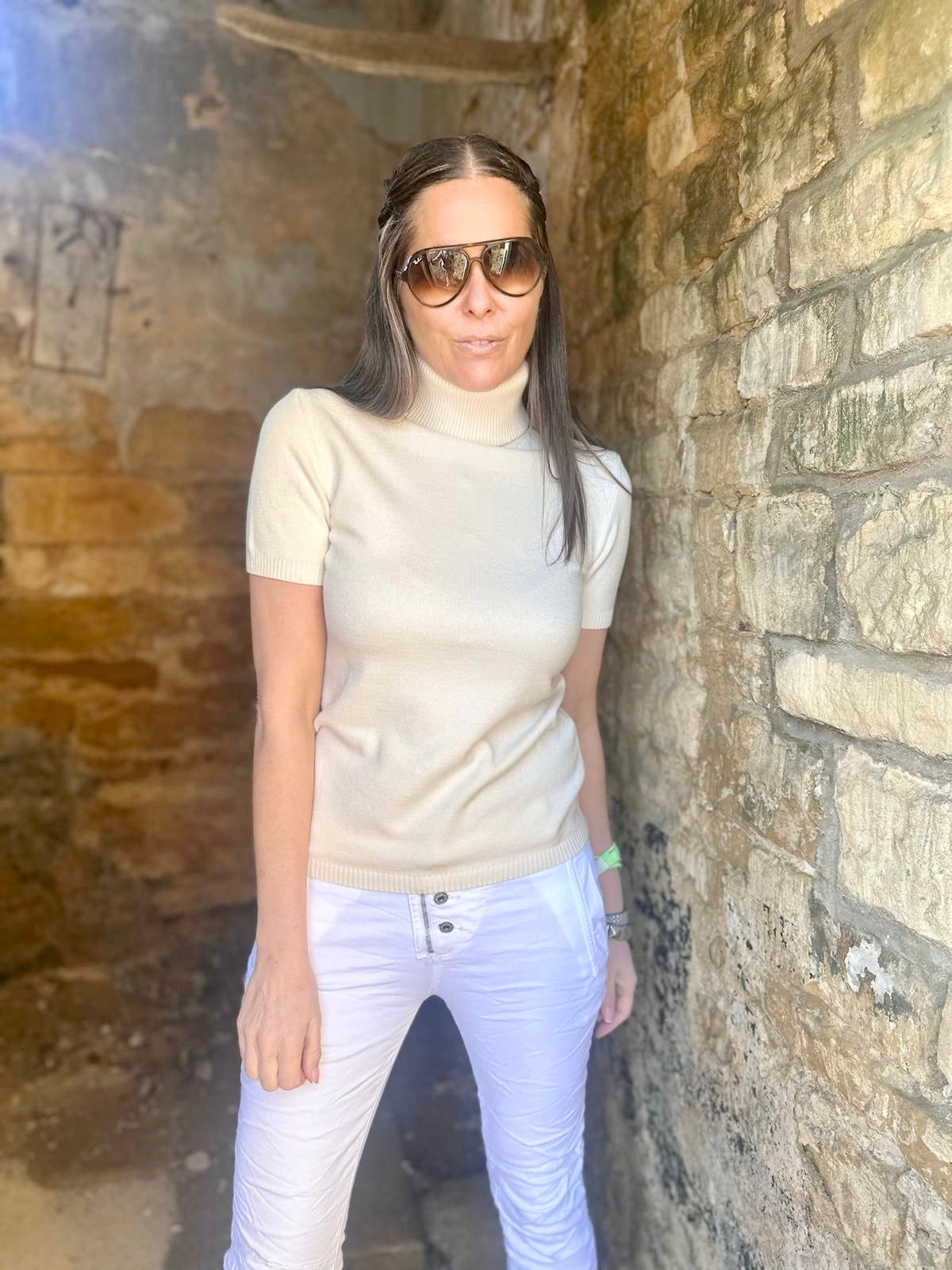 Ines Short Sleeve Polo Neck - Cream