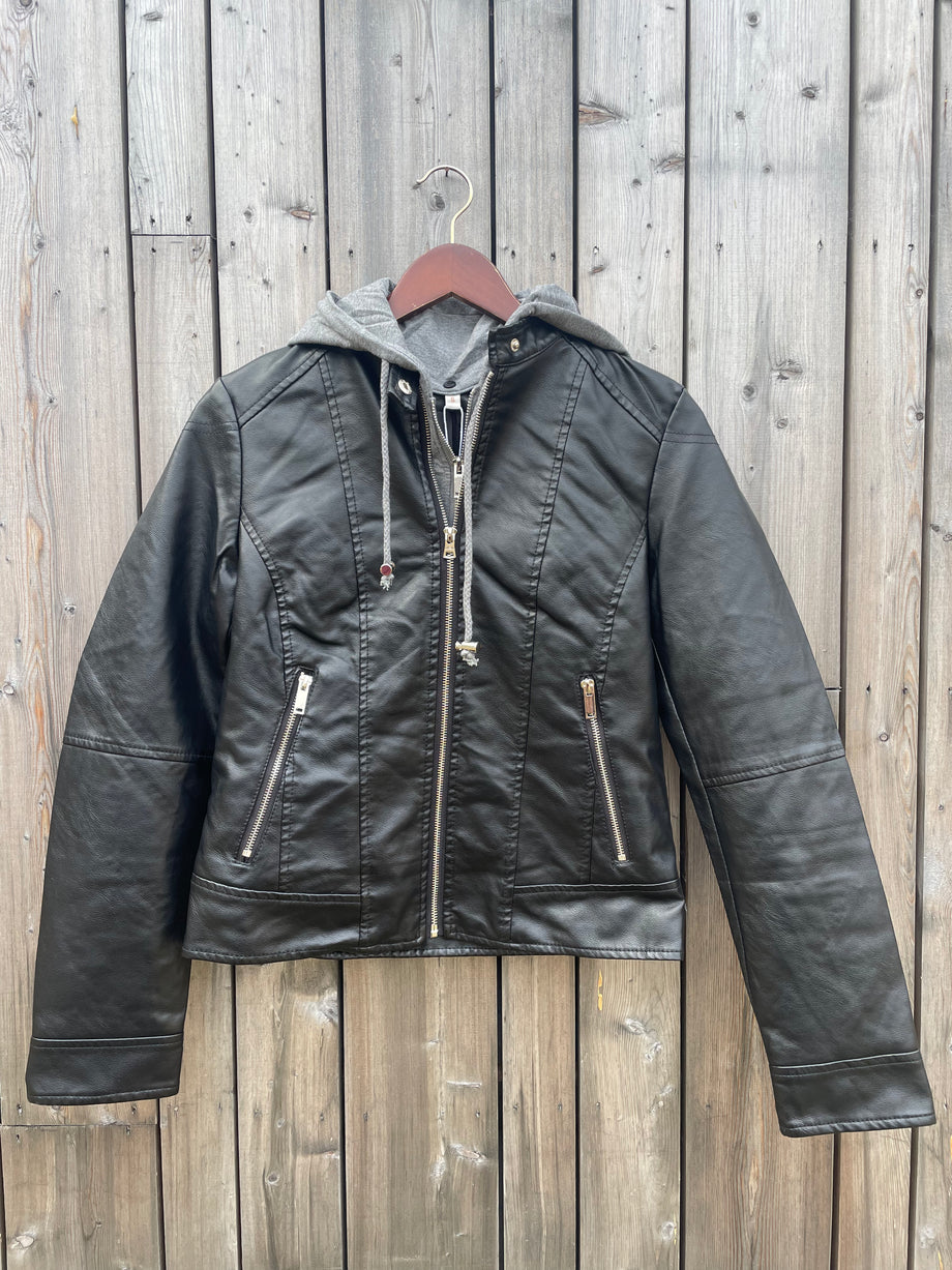 Pleather jacket with hood shop