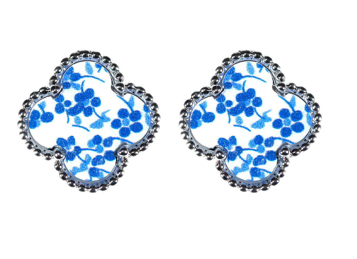 Four Leaf Earring - Blue Floral