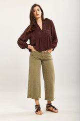 Elly Cropped Wide Leg Denim - Khaki