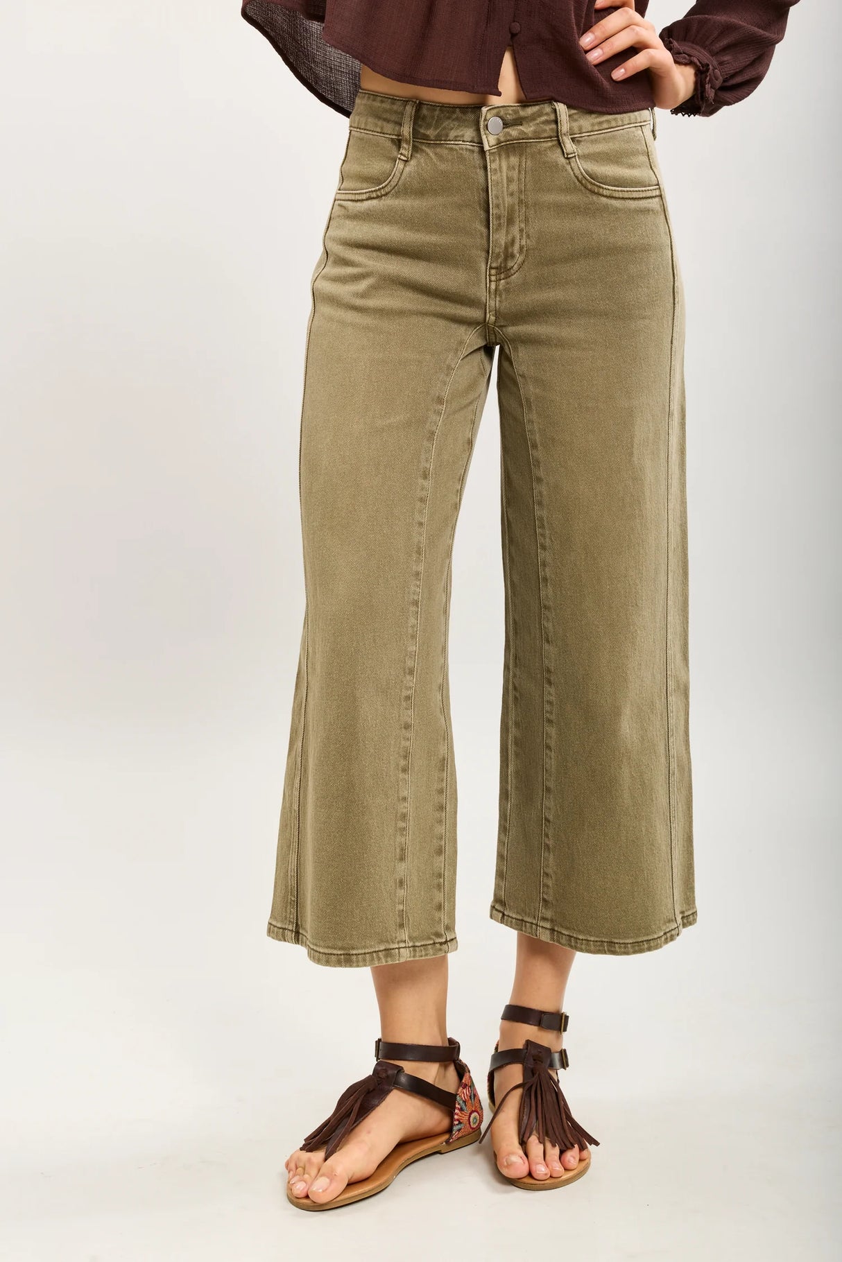 Elly Cropped Wide Leg Denim - Khaki