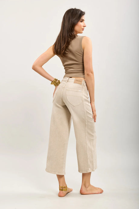 Elly Cropped Wide Leg Denim - Stone