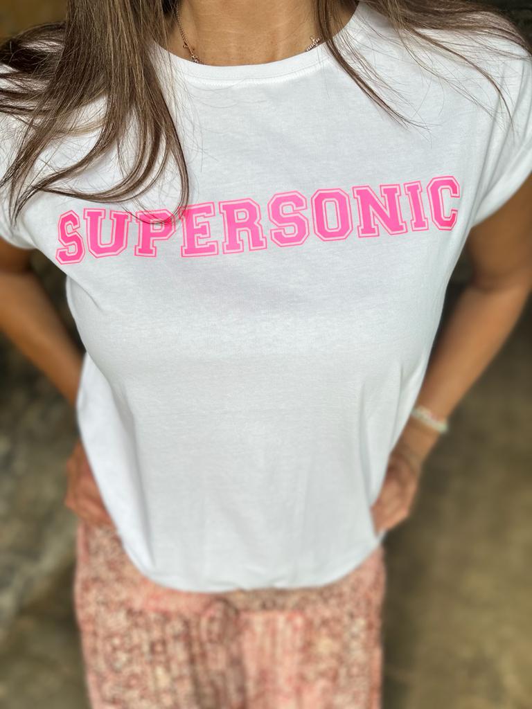 Camiseta Supersonic Branca/Rosa Neon